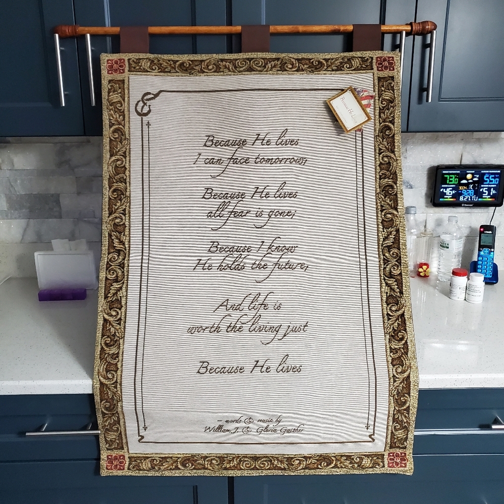 Gaither Woven Wall Tapestry "Because He Lives" Made In USA NWT 26" x 36"